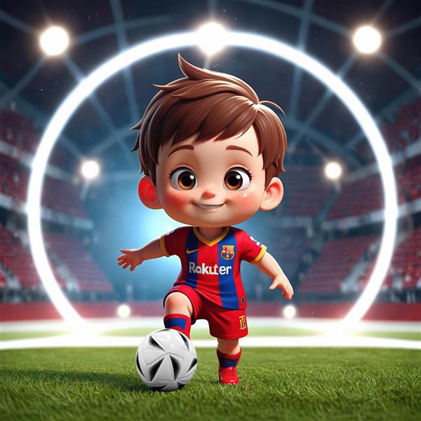 تصویر سه‌بعدی کودک فوتبالیست بارسلونا، در حال کنترل توپ، با پس زمینه استادیوم
