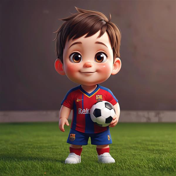 تصویر کودک فوتبالیست بارسلونا، ایستاده در چمن با توپ در آغوش، مناسب پوستر