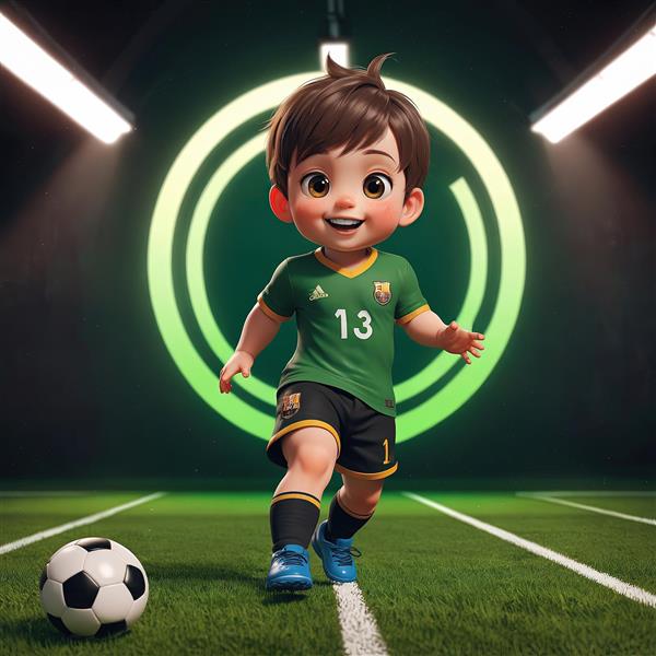 تصویر کودک فوتبالیست با لباس سبز، در حال دویدن در زمین چمن با نور نئون