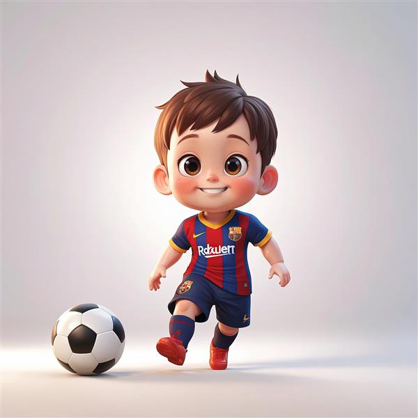 تصویر کودک کارتونی بارسلونا با کیت قرمز و آبی، در حال بازی با توپ