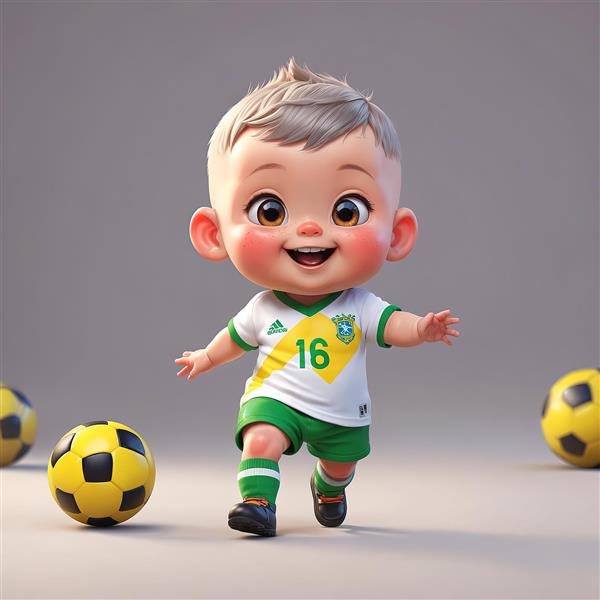 تصویر کودک فوتبالیست برزیلی با پیراهن سفید و سبز، در کنار توپ‌های زرد