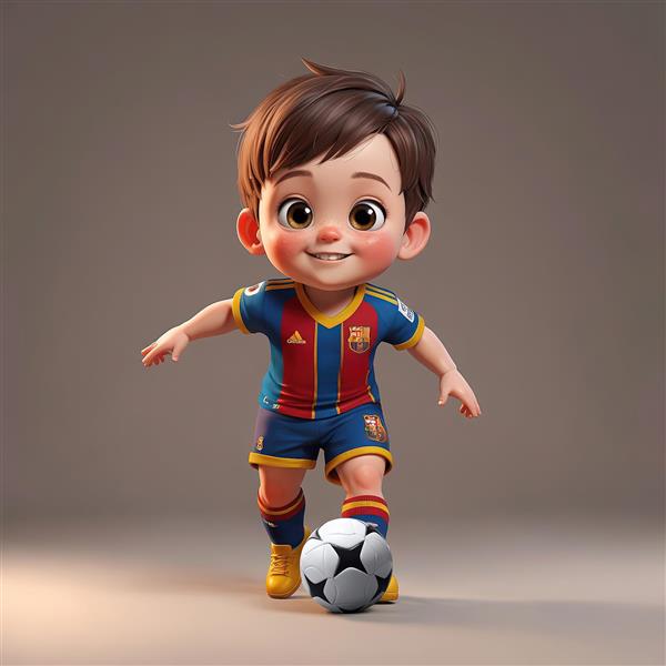 تصویر کودک فوتبالیست بارسلونا، در حال دریبل، با زمینه تیره، دکور اتاق کودک