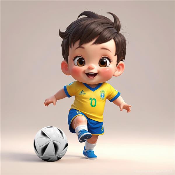 تصویر کودک فوتبالیست برزیلی با لباس زرد و آبی، در حال دریبل جذاب توپ