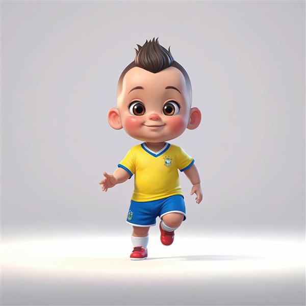 تصویر کودک بامزه برزیلی با پیراهن زرد، بدون توپ، در حال دویدن با لبخند