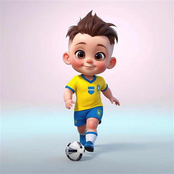 تصویر کودک فوتبالیست برزیلی با لباس زرد و آبی، در حال دویدن با توپ، طراحی ۳ بعدی