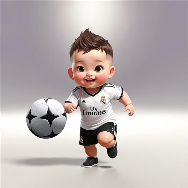 تصویر کودک فوتبالیست رئال مادرید، در حال دویدن با توپ، پس‌زمینه نورانی