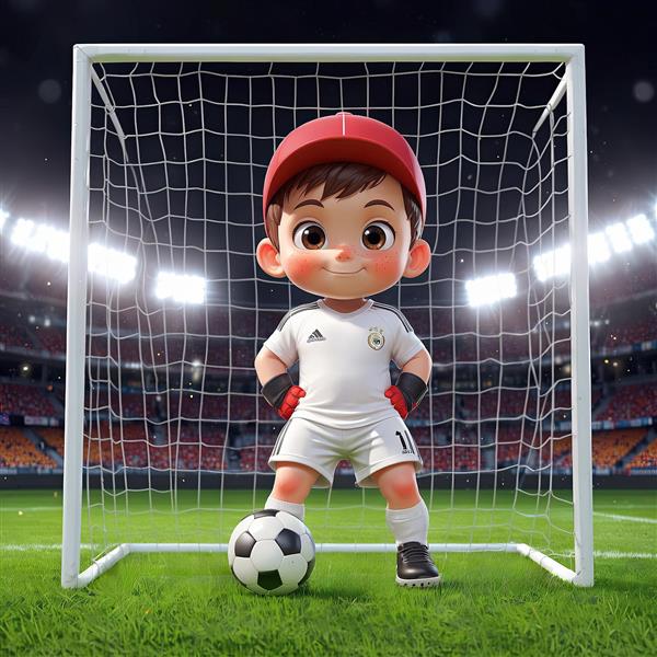تصویر کودک دروازه‌بان با کلاه و دستکش قرمز، آماده در مقابل دروازه فوتبال
