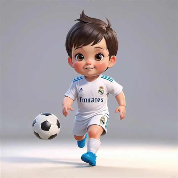 تصویر کودک کارتونی رئال مادرید با لباس سفید، در حال دویدن با توپ در پس‌زمینه ساده