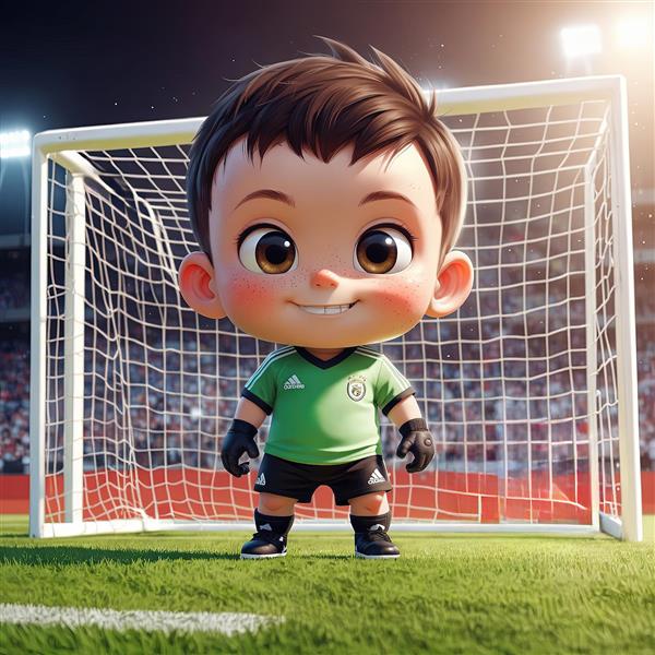 تصویر کودک دروازه‌بان با لباس سبز، ایستاده در چارچوب دروازه فوتبال و تور