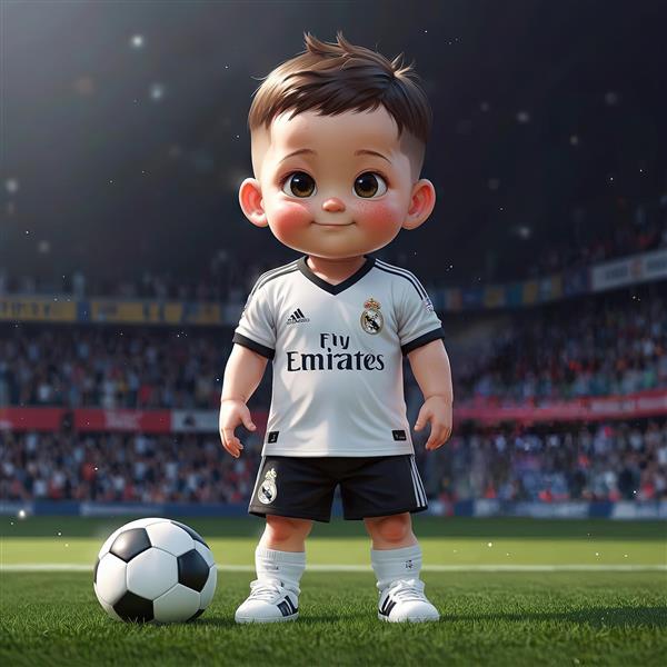تصویر سه‌بعدی کودک فوتبالیست رئال مادرید، ایستاده در زمین چمن استادیوم