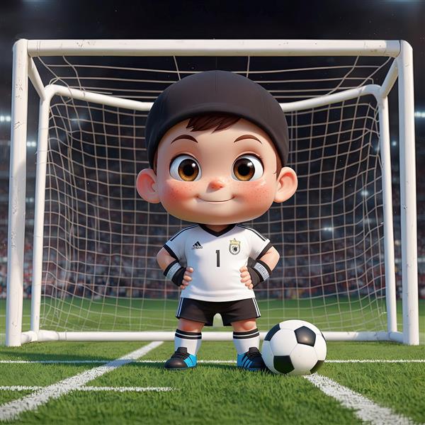 تصویر کودک دروازه‌بان آلمان با کلاه مشکی، ایستاده جلوی تور دروازه فوتبال