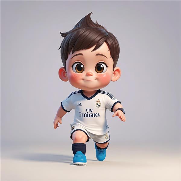 تصویر کودک کارتونی رئال مادرید، در حال دویدن با لباس سفید، مناسب پوستر دیواری