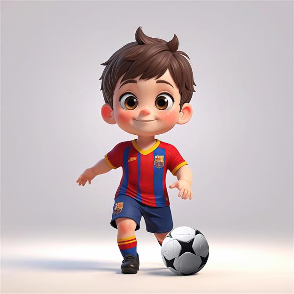 تصویر کودک فوتبالیست بارسلونا، پیراهن آبی و قرمز، در حال دریبل با لبخند