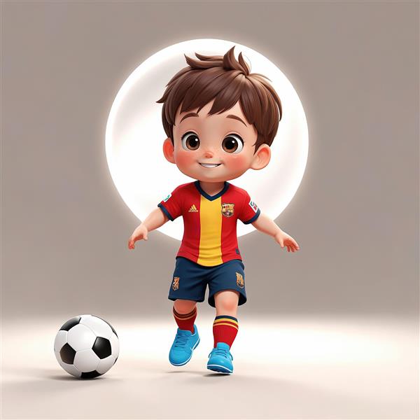 تصویر کودک کارتونی اسپانیایی با پیراهن قرمز و زرد، در حال کنترل توپ