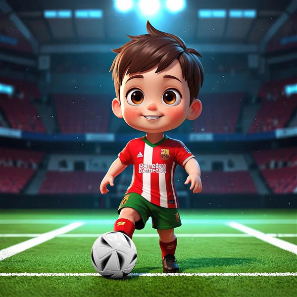 تصویر کودک فوتبالیست اتلتیک بیلبائو، ایستاده با پا روی توپ، در فضای استادیوم