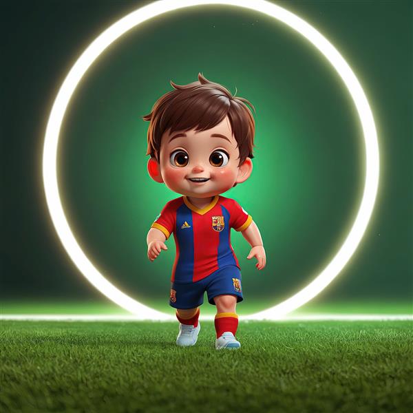 تصویر کودک فوتبالیست بارسلونا در چمن استادیوم با نور نئون دایره‌ای، پوستر ورزشی