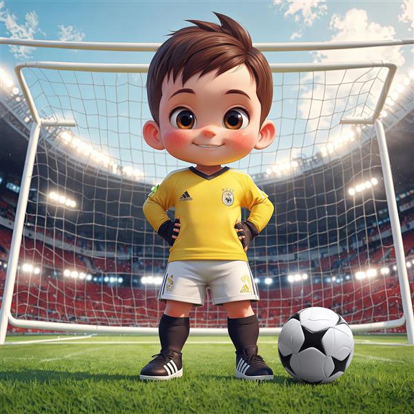 تصویر سه‌بعدی کودک در نقش دروازه‌بان با لباس زرد، ایستاده مقابل دروازه فوتبال