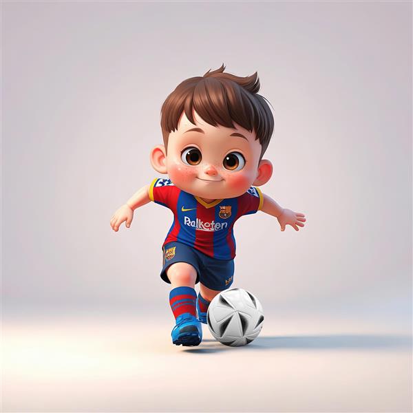 تصویر کودک فوتبالیست بارسلونا، در حال دریبل با کیت قرمز و آبی، با پس زمینه روشن