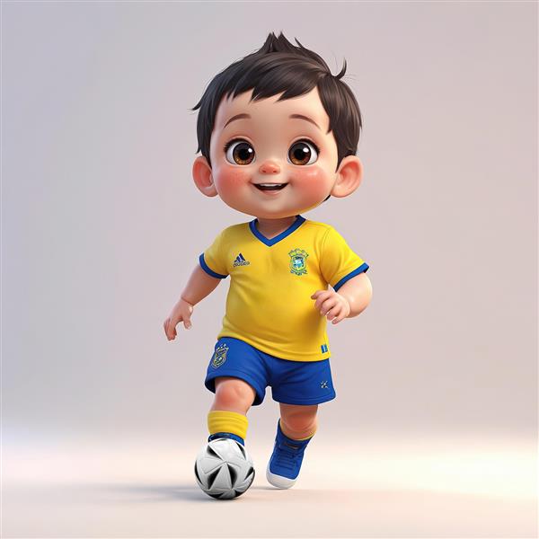 تصویر کودک فوتبالیست با لباس تیم ملی برزیل، طراحی ۳ بعدی، دکور اتاق کودک