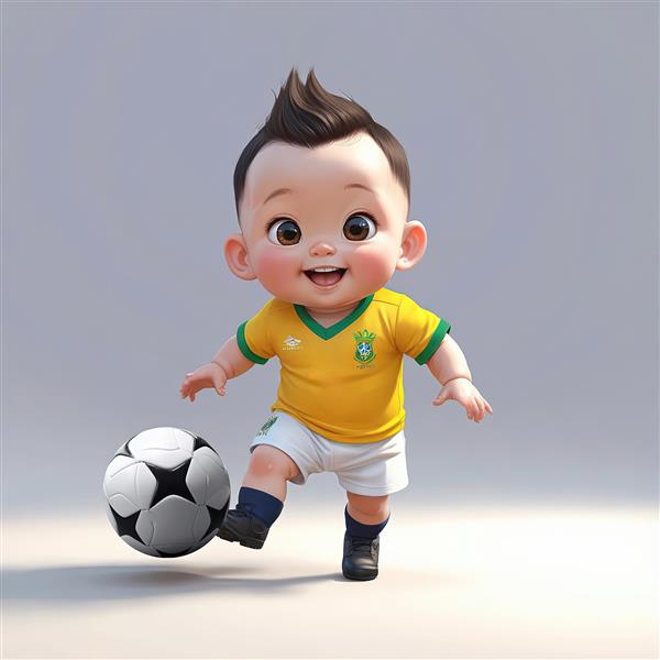 تصویر فانتزی کودک فوتبالیست برزیلی با لباس زرد و دریبل جذاب توپ