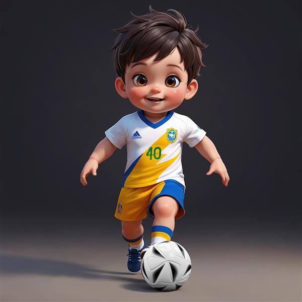 تصویر سه‌بعدی کودک فوتبالیست برزیلی با پیراهن سفید، شوت و دریبل توپ