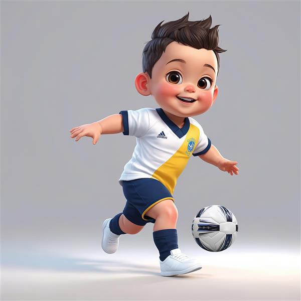 تصویر بامزه کودک فوتبالیست با کیت آبی و زرد در حال دریبل زدن، طراحی ۳ بعدی