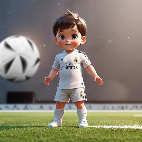 تصویر کودک کارتونی فوتبالیست با لباس رئال مادرید و توپ فوتبال در استادیوم
