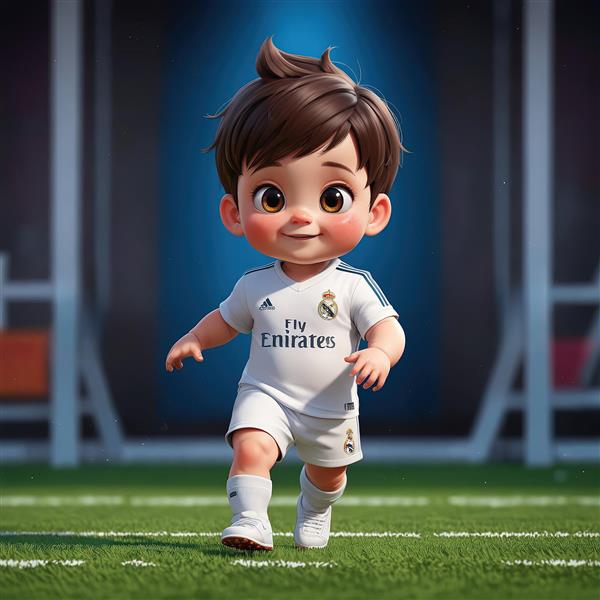 تصویر کارتونی کودک فوتبالیست با لباس رئال مادرید، در حال حرکت روی چمن سبز
