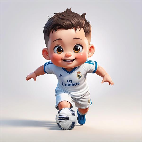 تصویر باکیفیت بازیکن کارتونی کودک با لباس رئال مادرید در حال کنترل توپ