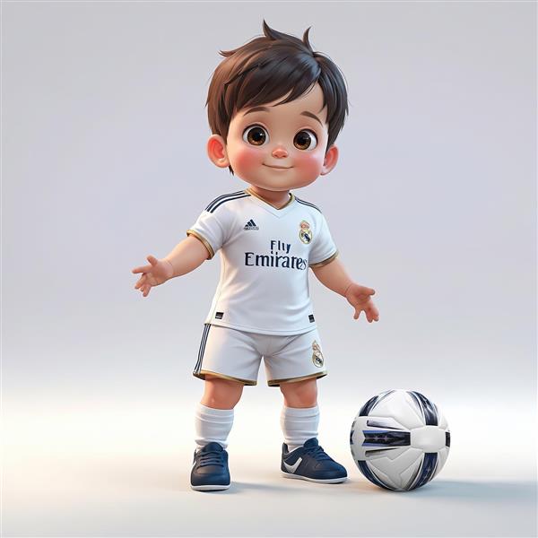 فوتبالیست کارتونی کودک با لباس سفید رئال مادرید و توپ در پس زمینه روشن