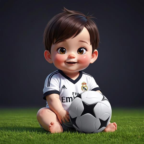 تصویر کودک نشسته با لباس رئال مادرید و توپ فوتبال روی چمن مناسب دکور اتاق نوزاد