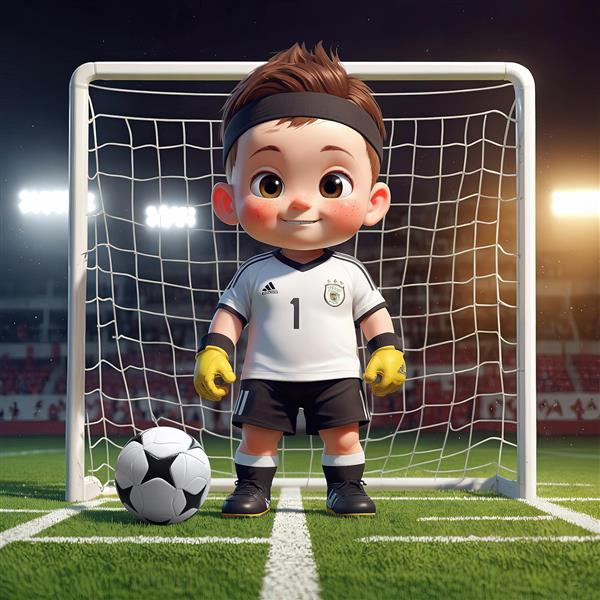 کاراکتر دروازه‌بان کودک با هدبند و لباس سفید آلمان و دستکش زرد با توپ