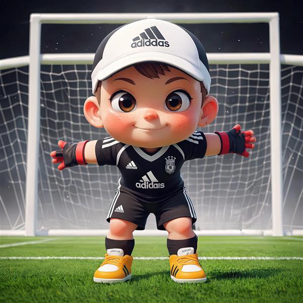 دروازه‌بان کودک با کلاه بیسبال و لباس مشکی در حال گرفتن ژست مقابل دروازه