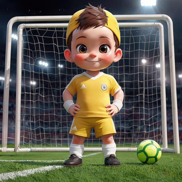 فوتبالیست کارتونی کودک با لباس تمام زرد و کلاه مناسب چاپ روی بوم ورزشی