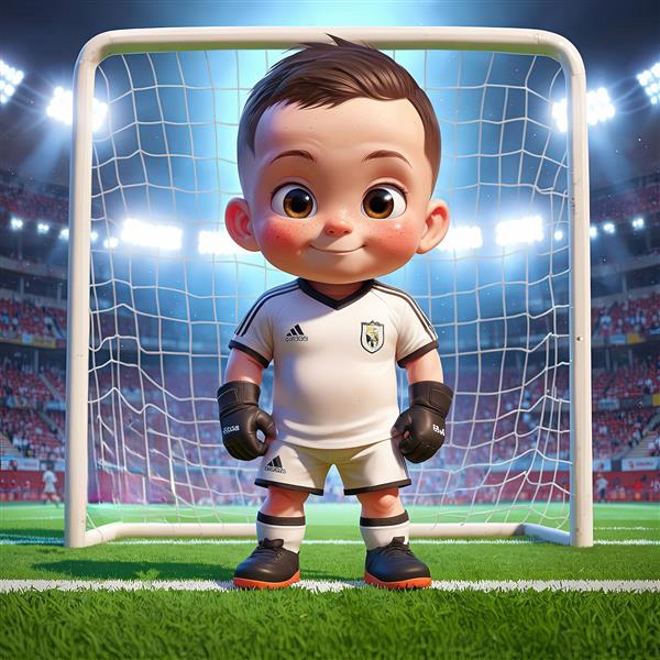 تصویر دروازه‌بان کودک با لباس سفید و دستکش مشکی در حالت ایستاده مقابل تور دروازه