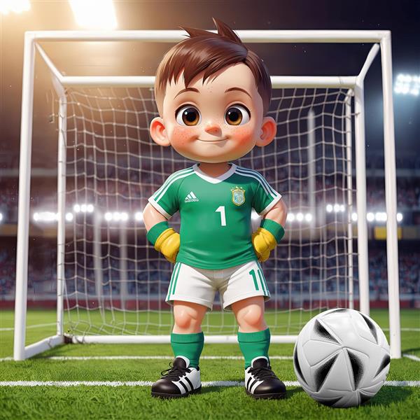 دروازه‌بان کارتونی کودک با لباس سبز و دستکش زرد در مقابل دروازه نورانی