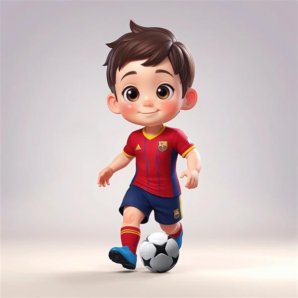 عروسک فوتبالیست شاد با لباس قرمز اسپانیا در حال دریبل توپ برای پوستر اتاق کودک