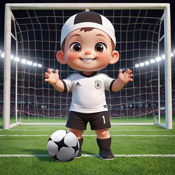 کاراکتر فوتبالیست کودک با کلاه و لباس سفید آلمان در زمین چمن مناسب چاپ دکوراتیو