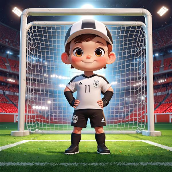 فوتبالیست کارتونی کودک با کلاه چهارخانه و لباس تیم آلمان شماره ۱۱