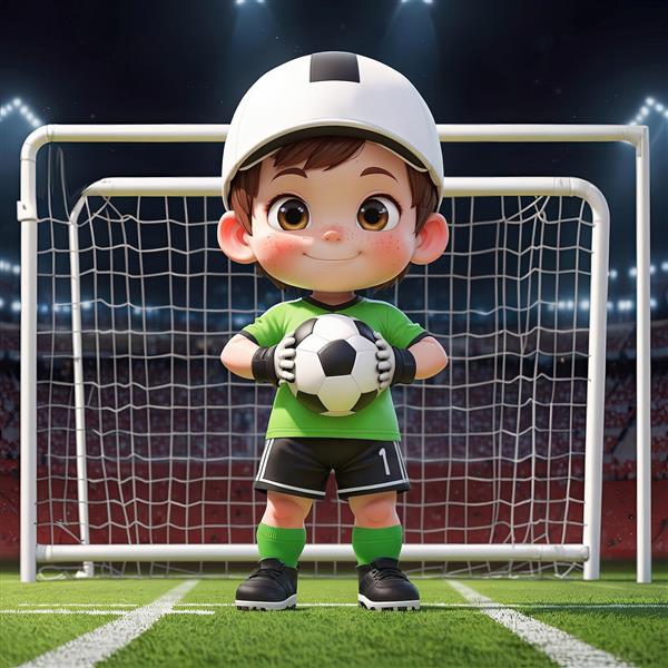 تصویر دروازه‌بان فانتزی کودک با کلاه سفید و لباس سبز در حال نگه داشتن توپ