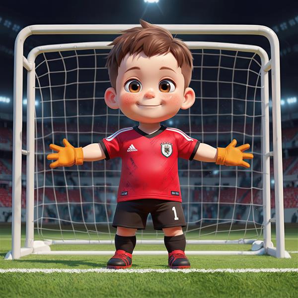 دروازه‌بان کارتونی کودک با لباس قرمز و دستکش نارنجی در چارچوب دروازه