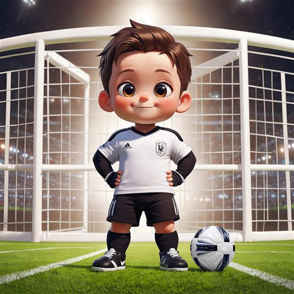 تصویر کاراکتر کودک فوتبالیست با لباس سفید و مشکی تیم آلمان در استادیوم