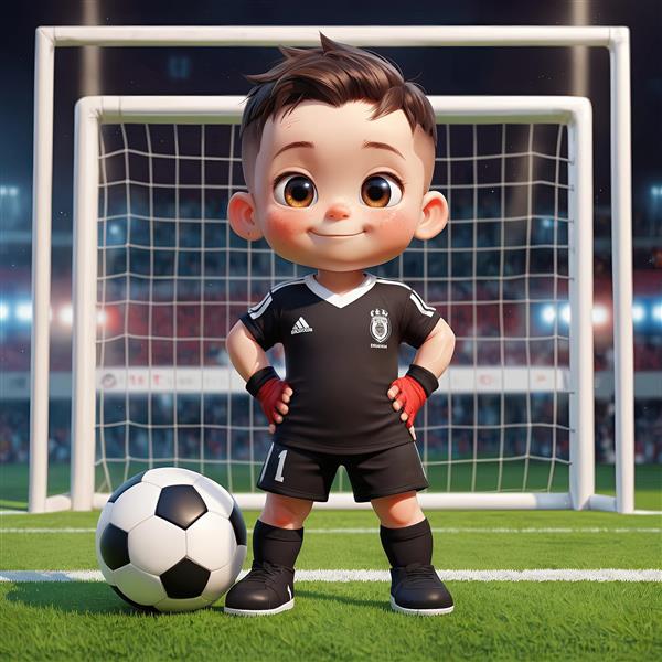 فوتبالیست کارتونی کودک با لباس مشکی در زمین چمن و دروازه در شب