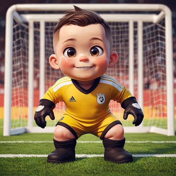 دروازه‌بان کارتونی کودک آماده پرش با لباس زرد برای دکوراسیون ورزشی و پوستر