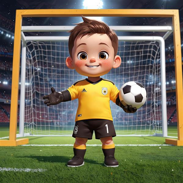 کاراکتر دروازه‌بان کودک با توپ و لباس زرد در استادیوم نورانی مناسب چاپ عریض ورزشی