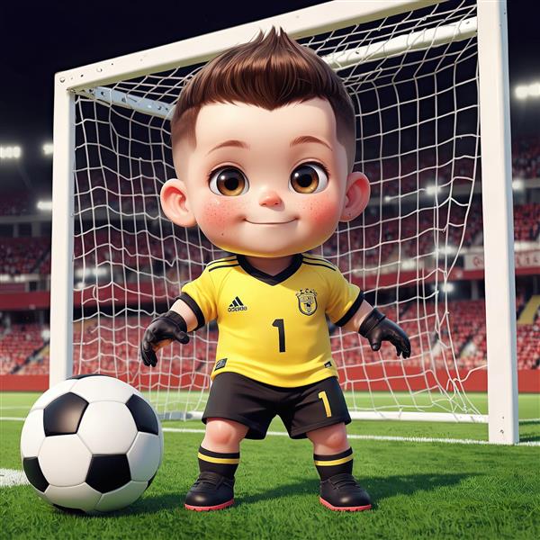 عروسک دروازه‌بان کارتونی کودک با لباس زرد و دستکش مشکی در مقابل دروازه فوتبال