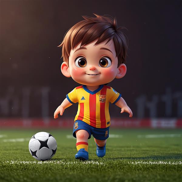 تصویر باکیفیت کاراکتر فوتبالیست کودک با پیراهن راه راه زرد و قرمز و توپ در زمین چمن