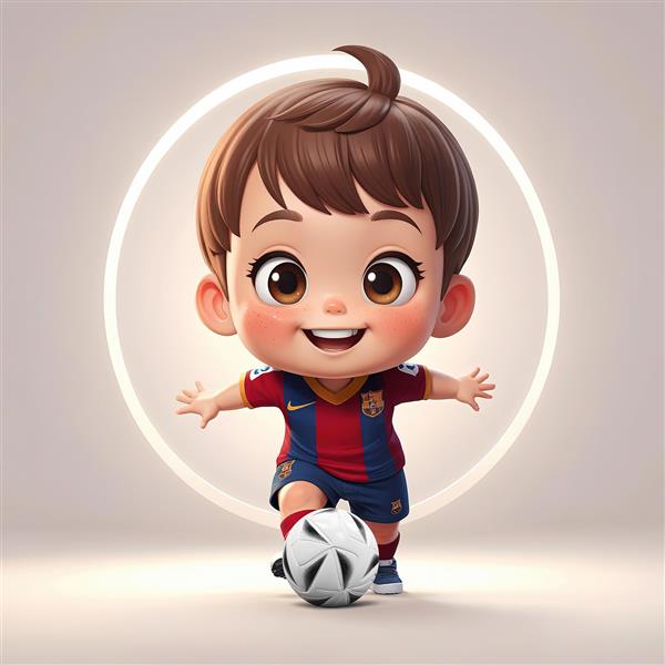 کاراکتر کودک فوتبالیست کارتونی با لباس بارسلونا در حال دریبل مناسب اتاق پسرانه