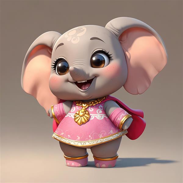 فیل سوپر قهرمان با لباس صورتی، شنل و گردنبند طلایی برای چاپ دیواری فانتزی