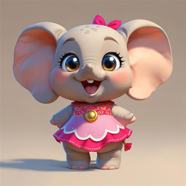 فیل دخترانه با پیراهن صورتی خالدار و پاپیون روی سر برای تم جشن تولد